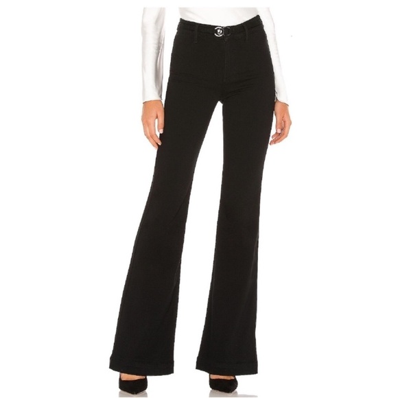 PAIGE Black Shadow Clean Front Genevieve Wide Leg Flare Jeans Buckle Detail - Picture 2 of 16